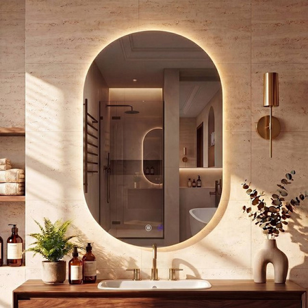 CLP Badspiegel Barbora oval mit LED-Beleuchtung, rahmenloser Wandspiegel mit Touch-Dimmer und 3 Lichtfarben, beschlagfrei, Weiß