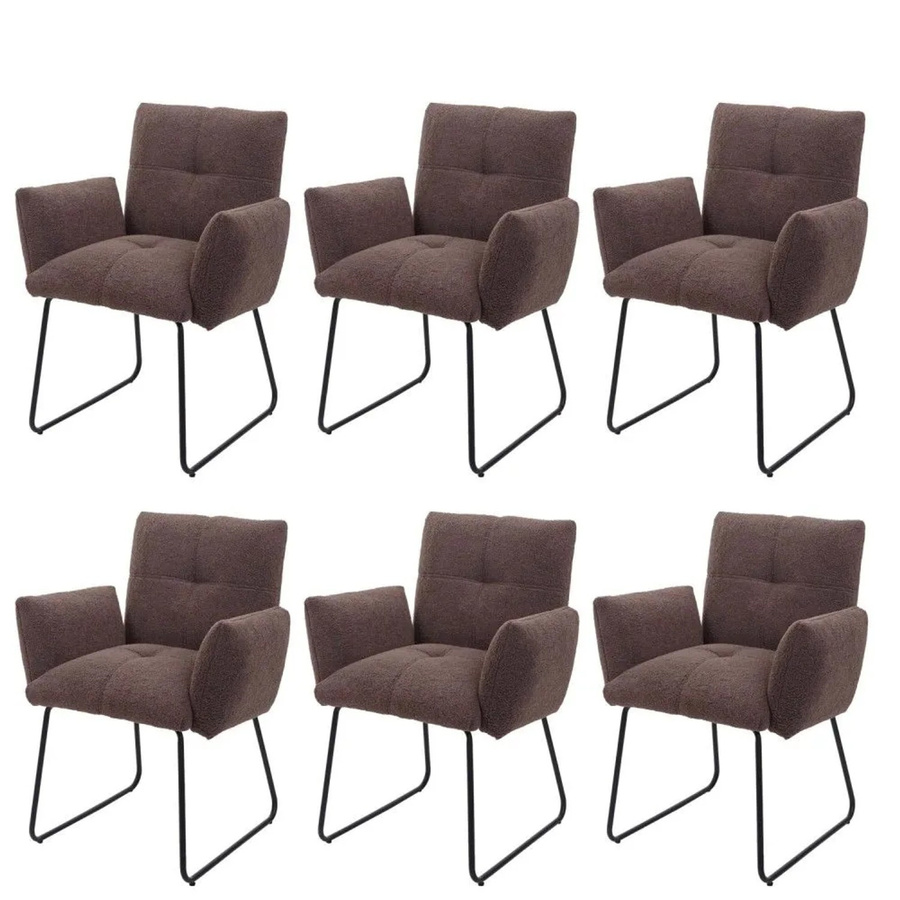 6er-Set MCW Esszimmerstühle K34 mit Armlehnen aus braunem Bouclé Stoff und Metall im Lounge-Stil - Bild 3