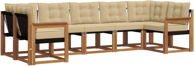 vidaXL Outdoor-Sofagarnitur 7-teilig L-Form aus Akazienholz und Textilene in Natur und Beige mit Kissen - Bild 1