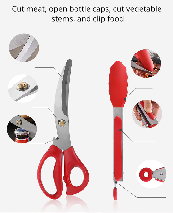 Grill Schere Set mit gebogener Klinge aus Edelstahl und Silikon sowie Lebensmittel Clip in Schwarz - Bild 3