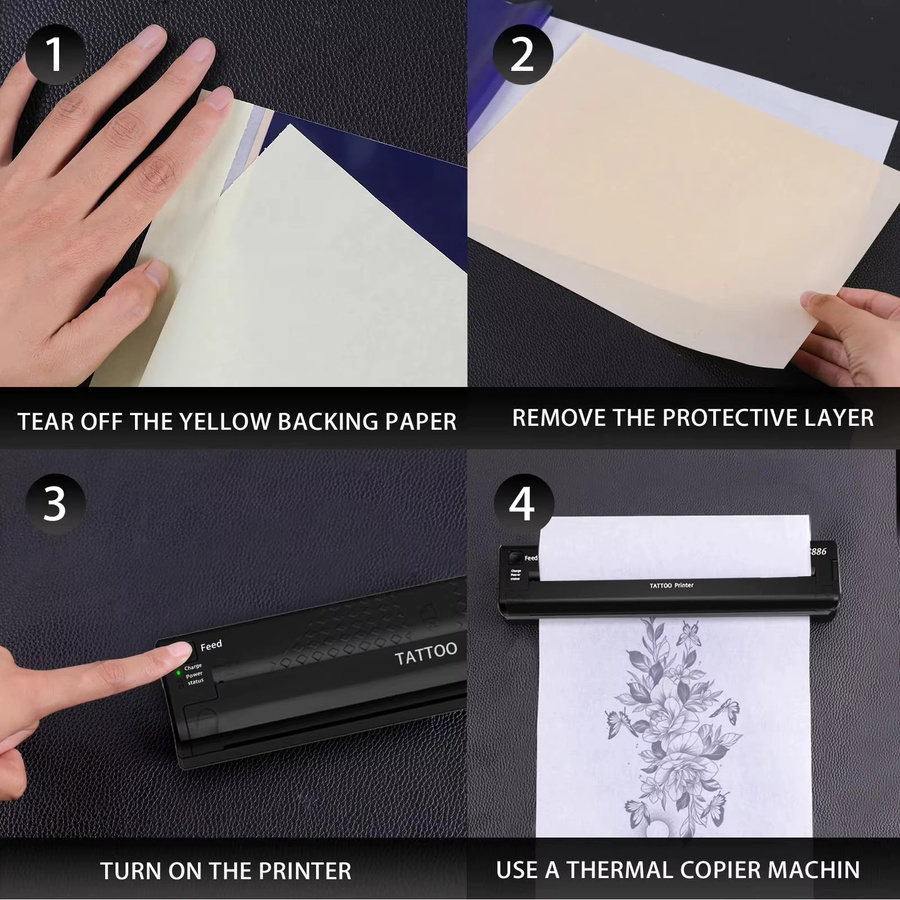YILONG Tattoo-Transferpapier Set mit 50 Blatt A4 Transferpapier und 2 Flaschen Transfer-Gel für professionelle Tätowierungen - Bild 2