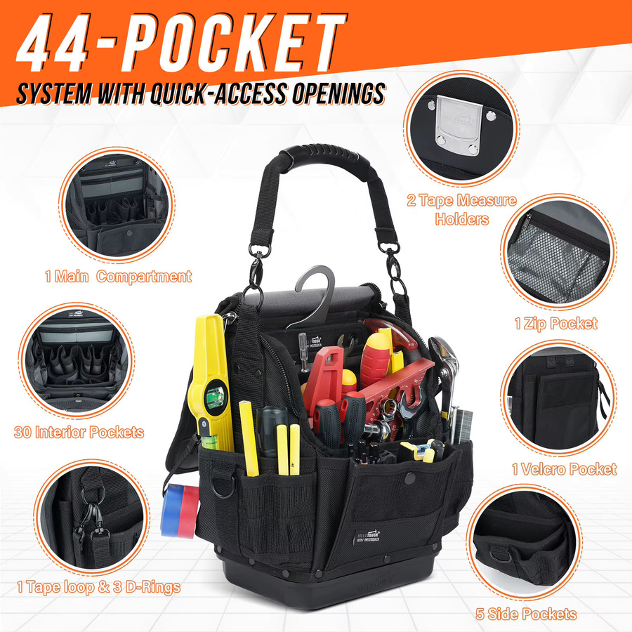 MELOTOUGH Elektriker-Werkzeugtasche mit 44 Fächern und hartem Boden in Schwarz und Grün - Bild 5