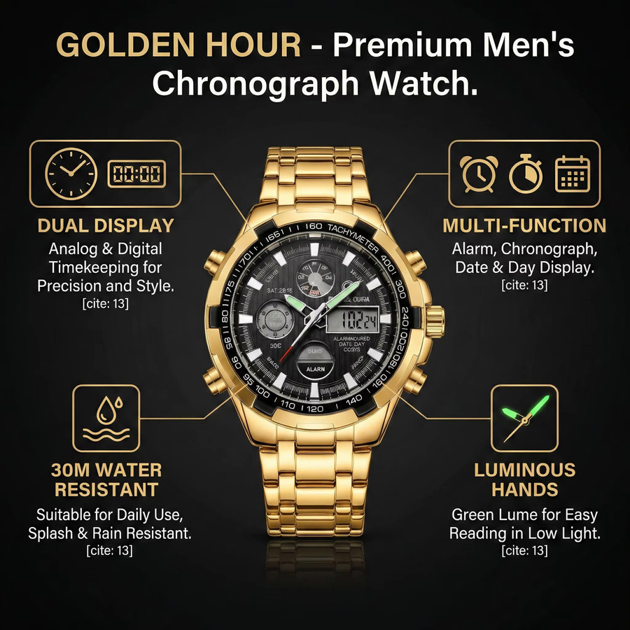 GOLDENHOUR Herren-Armbanduhr, Quarz, Edelstahl, Gold, Schwarz, Analog-Digital - Bild 2