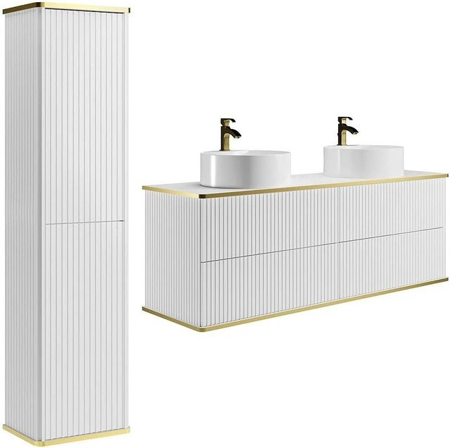 Vente-unique Badmöbel-Set Keliza in Weiß im Art-Déco-Stil mit Aufsatzwaschbecken und Hochschrank, Breite: 150 cm - Bild 1