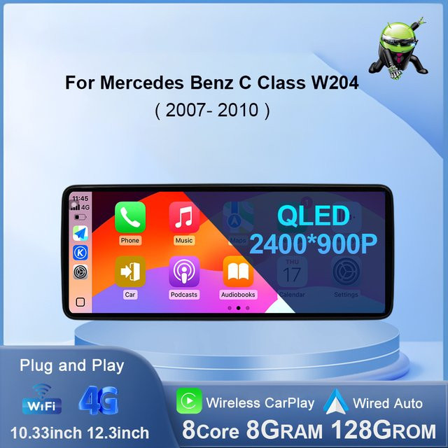 KJ-NAVI Multimedia-Autoradio mit Android Auto, Wireless CarPlay, GPS und WIFI für Benz W204 C-Klasse 2007-2010 NTG 4,0 System, Schwarz - Bild 1