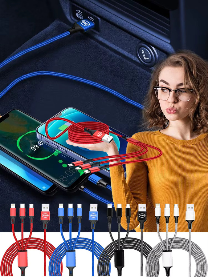 3-in-1 Schnellladekabel für BYD mit USB-C, Lightning und Micro-USB in Gold - Bild 4