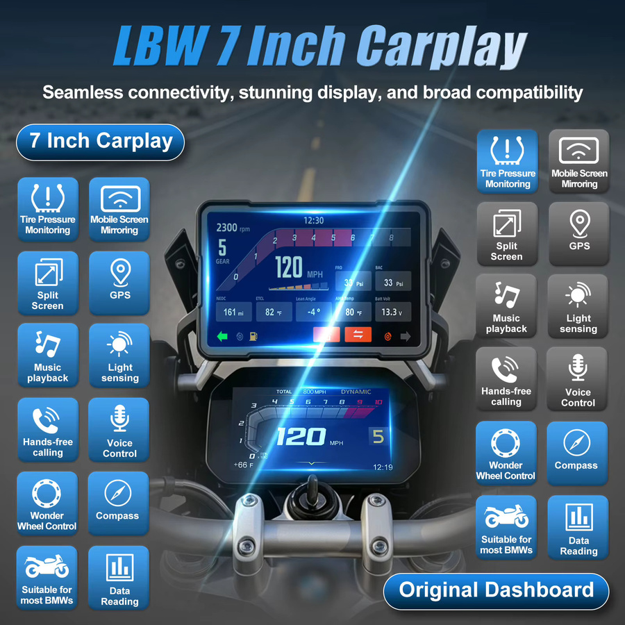 LBW Tragbares GPS-Navigationssystem für BMW Motorrad mit CarPlay und Android Unterstützung, Smart Display Armaturenbrett Zubehör, Schwarz - Bild 2