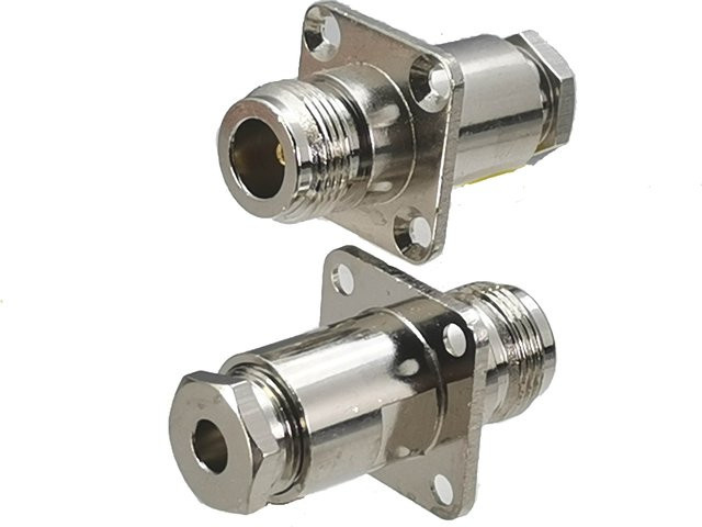 Koaxial-Flanschverbinder Messing 50 Ohm gerade mit 4-Löcher-Klemme für RG58 RG142 LMR195 RG400 Kabel in Gold oder Silber - Bild 1