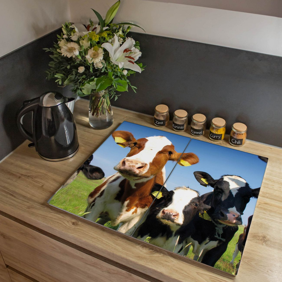 Banjado Herdabdeckplatte aus Glas zweiteilig mit Kuh-Motiv, Schneidebrett und Spritzschutz, B/T: 30 x 52 cm, Mehrfarbig - Bild 1