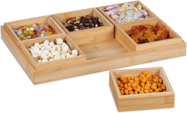 Relaxdays Snackschalen Set aus Bambus in Natur mit Serviertablett, Farbe: Braun, B/T/H: 47 x 32,5 x 5,5 cm - Bild 1