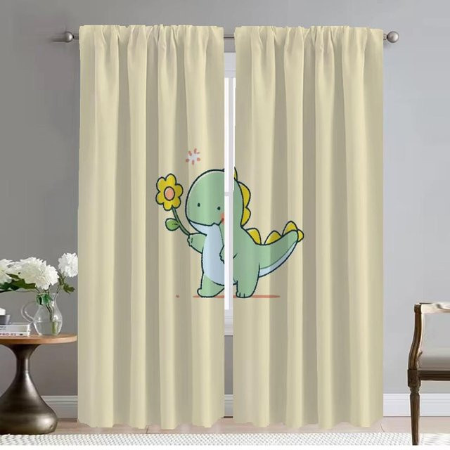 Verdunkelungsvorhänge mit Dinosaurier-Motiv in Beige, 2er-Set für Wohnzimmer und Schlafzimmer, Breite: 50 cm, Höhe: 70 cm - Bild 1