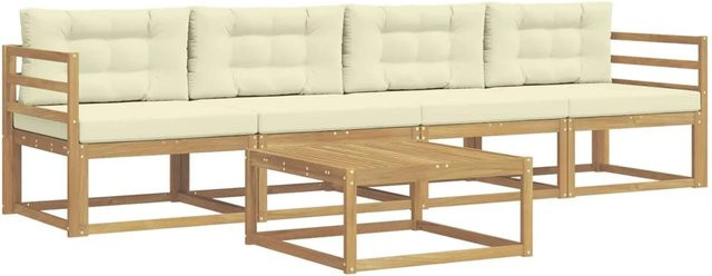 vidaXL Outdoor-Garnitur aus Akazienholz mit 3er-Sofa, Couchtisch und Kissen in Weiß und Beige - Bild 1