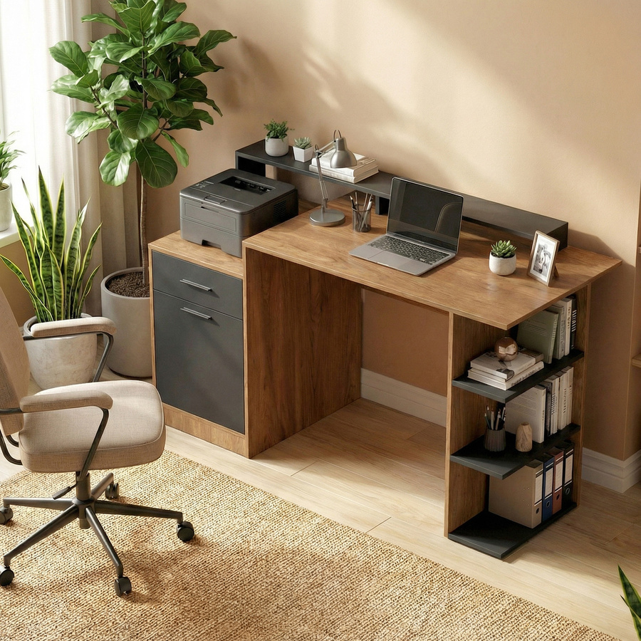 HOMCOM Bürotisch in Eiche mit Schubladen und Stauraum, moderner Computertisch mit Regal und Schrank für dein Arbeitszimmer, B/T: 140 x 60 cm - Bild 2