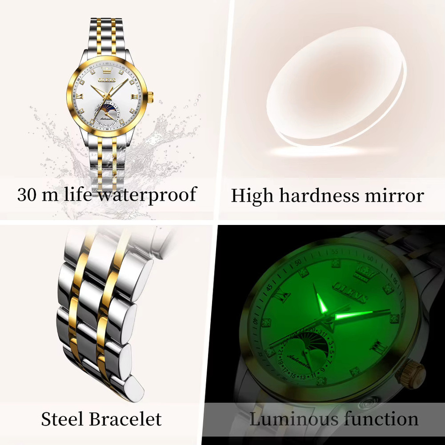 OLEVS Automatik-Armbanduhr Edelstahl, Mondphase, Diamant, Zirkonia, Damen - Bild 4