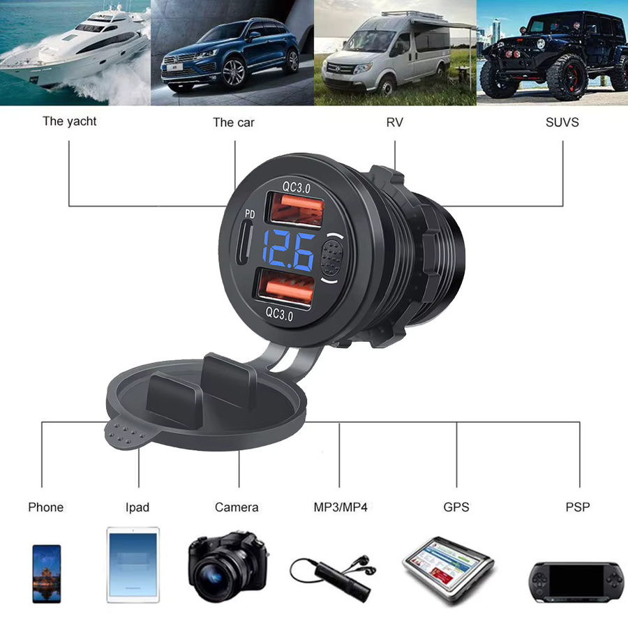 Kankeirr Auto Onboard Ladegerät mit Dual USB Schnellladung 3.0, PD-Buchse und digitalem Voltmeter in Schwarz für Auto, LKW und RV - Bild 5