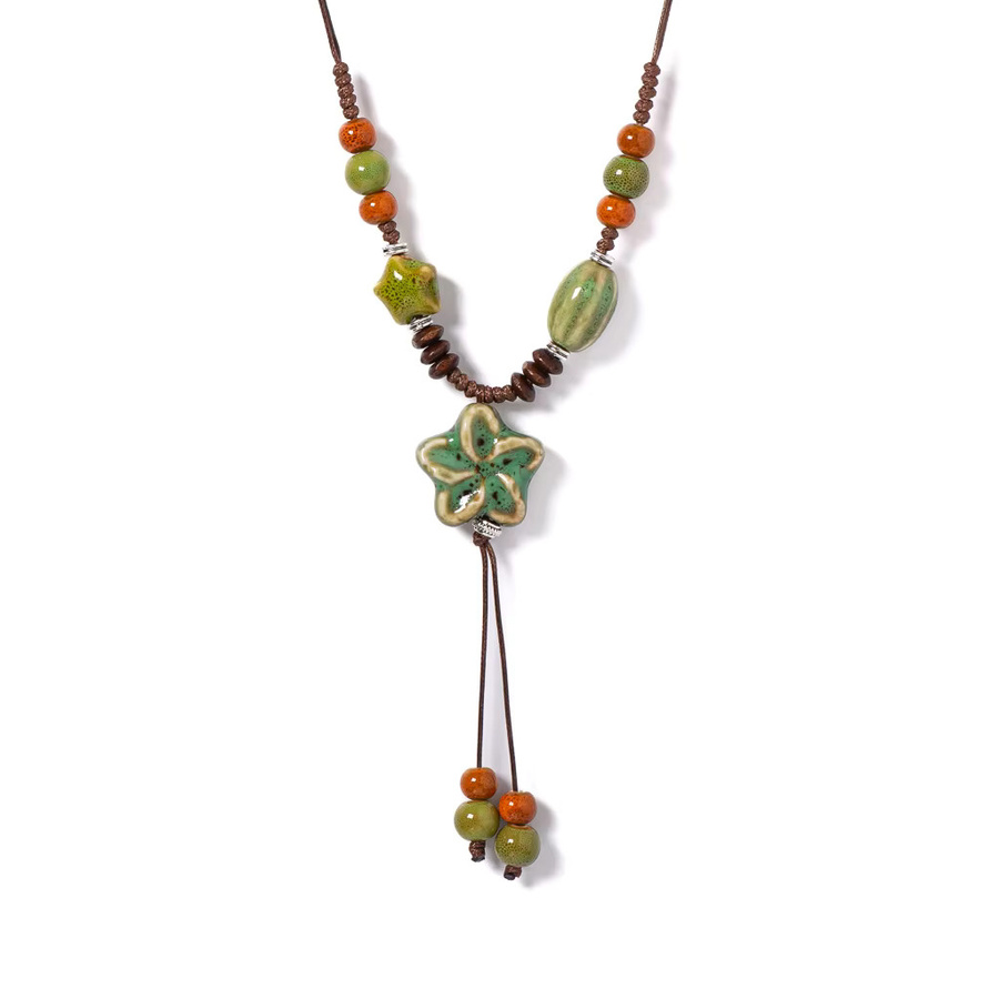 Halskette Keramik, grüner Blüten-Anhänger, Boho, Unisex - Bild 2