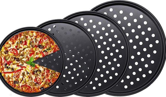 Pizza Crisper Tray aus Carbon Steel mit Nonstick-Beschriftung, Schwarz, Rundes Backblech mit Löchern für knusprige Pizza - Bild 1