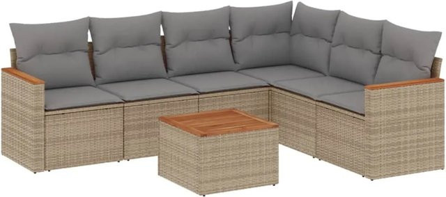 vidaXL 7-tlg Garten-Sofagarnitur aus Poly-Rattan und Akazienholz in Beige mit Kissen Modell 150 - Bild 1