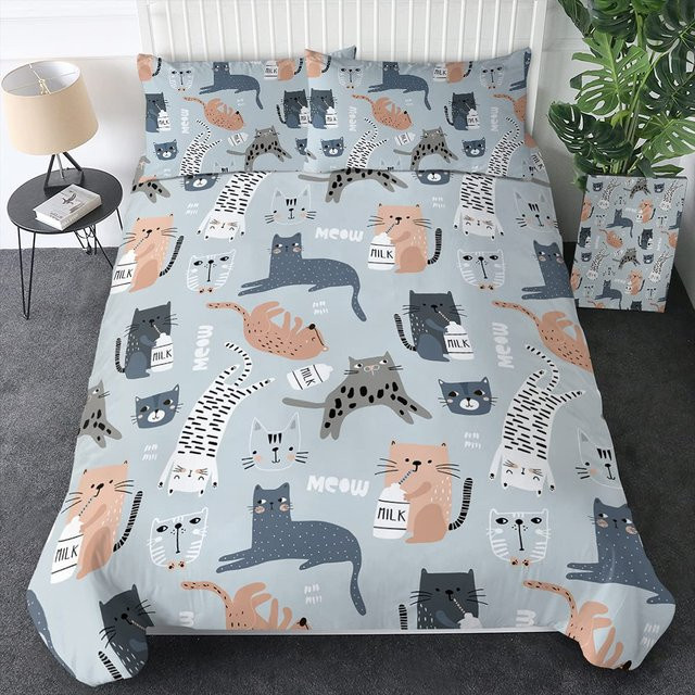 Katzen Bettwäsche Set Your Warm Home in Grau und Weiß mit Cartoon Katzen Motiv, Material Mikrofaser Polyester, B/H: 135 x 200 cm - Bild 1