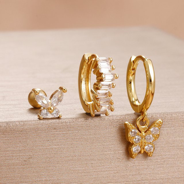 Yuedane Ohrringe Set, Schmetterling, Edelstahl, Zirkonia, Gold, Damen - Bild 1