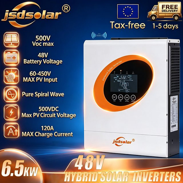 Jsdsolar 6,5kW Hybrid-Solarwechselrichter Off-Grid mit MPPT 120A Solarladegerät, Reine Sinuswelle, Wi-Fi, 48V, 230V Ausgang, Weiß - Bild 1