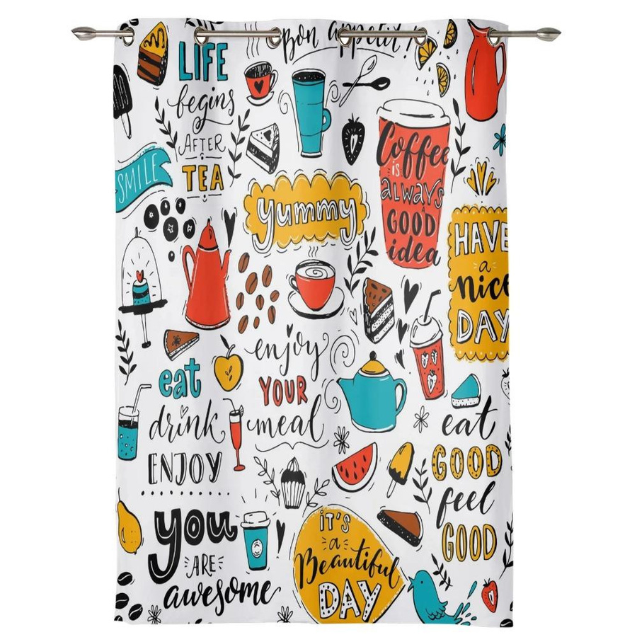 Yiran Furniture Dekorative Graffiti Vorhänge 2er-Set mit Ösen, Motiv Teetasse und Hot Dog, halbtransparent, Mehrfarbig, B: 50 cm, H: 130 cm - Bild 1