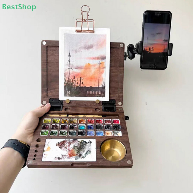 Tragbare faltbare Holz-Farbpalette in Braun für Aquarell-Malerei und Skizzieren beim Reisen oder Outdoor-Einsatz - Bild 1