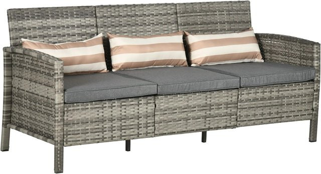 Outsunny Garten-Loungesofa aus Rattan mit Kissen in Grau und Beige, 3-Sitzer mit Armlehnen und Metallrahmen, Breite: 173 cm, Höhe: 78 cm, Tiefe: 68 cm - Bild 6