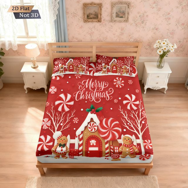 3-teiliges Weihnachtsbettwäsche-Set mit Süßigkeiten-Haus-Print in Rot, weiches Bettlaken-Set für dein Schlafzimmer - Bild 1