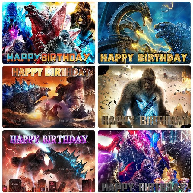 Monster Godzilla King Kong Happy Birthday Hintergrundbanner für Kinderpartys mit Tierkampf-Motiv, B/H: 150 x 100 cm, Mehrfarbig - Bild 1