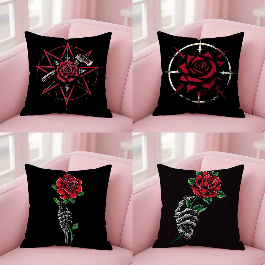 4-teiliges Set 52TOYS Kissenbezüge aus Plüsch mit floralem Rosenmuster in Schwarz und Rot, quadratisch, B/T/H: 40 x 40 x 40 cm - Bild 3
