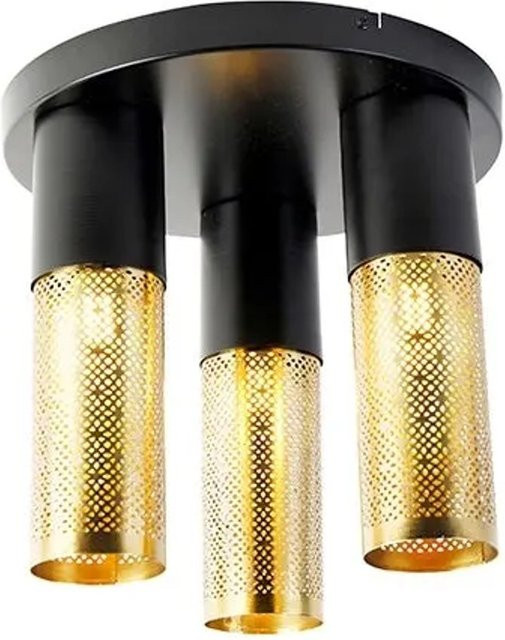 QAZQA Industrielle Deckenlampe aus Stahl in Schwarz und Gold mit 3 runden Leuchten für E27 - Bild 1