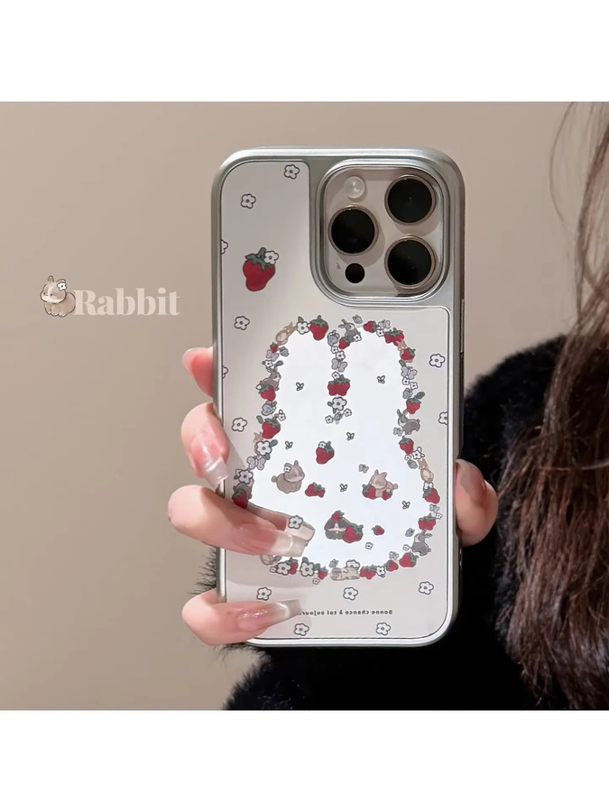 Ins Style Spiegel Handyhülle mit Erdbeere, Blume und Kaninchen Design für Apple iPhone 16 15 14 13 12 11 Pro Pro Max Plus X XR stoßfest - Bild 6