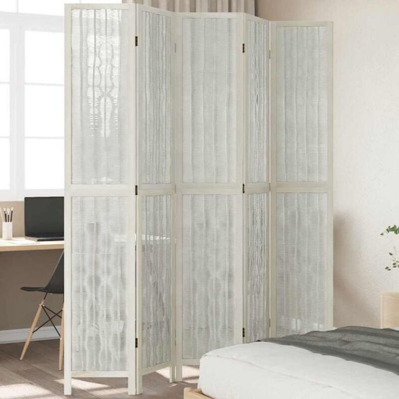 5-tlg. Raumteiler Vidaxl aus Massivholz und Rattan in Weiß, freistehend im skandinavischen Design - Bild 1