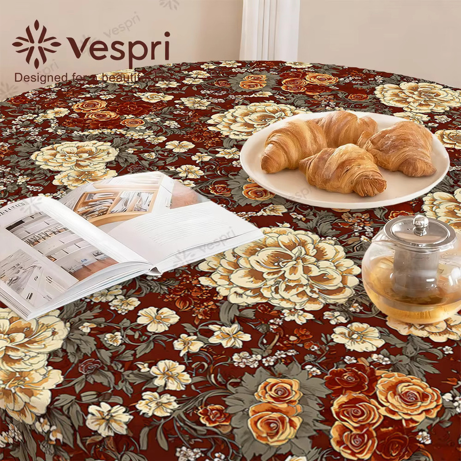 Vespri Florale Oster-Tischdecke mit rotbrauner Blumen-Blatt-Bordüre in Pastellfarben für Ostern und Frühling, Rund, Vintage-Design, Mehrfarbig - Bild 2