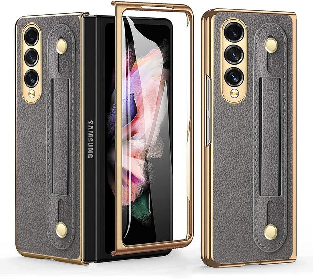 Slim Leder Case mit gehärteter Glas Schutzfolie für Samsung Galaxy Z Fold2 in Grau - Bild 1