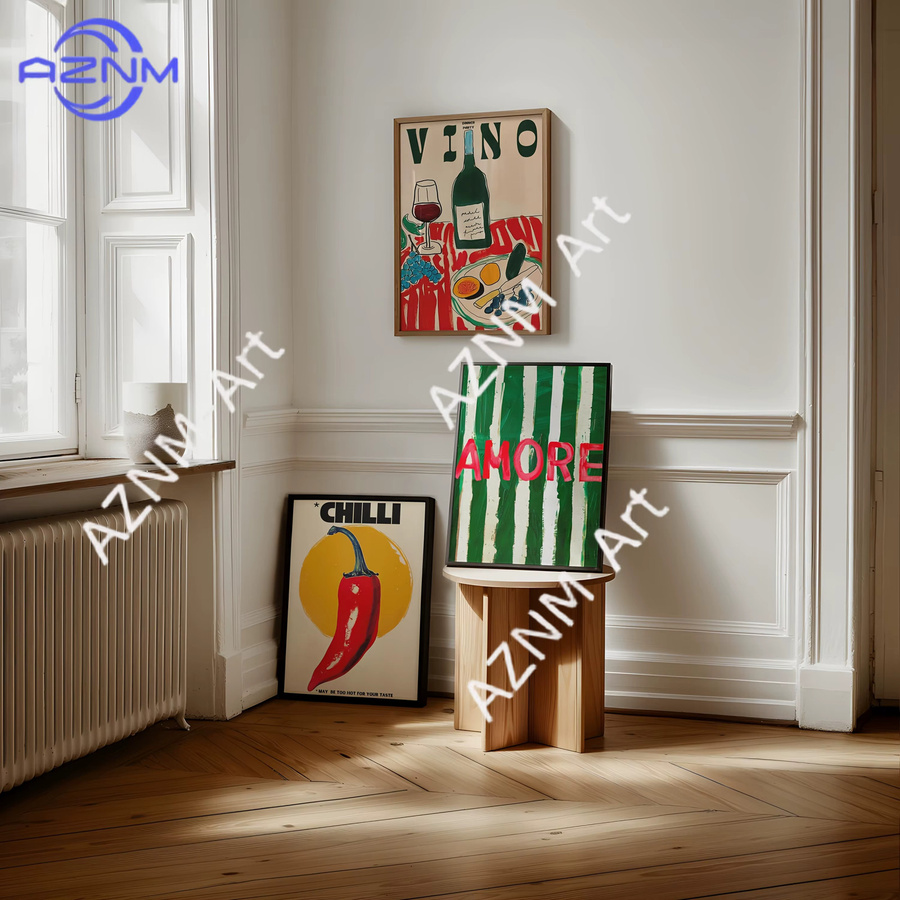 Amore Grün Gestreifter Leinwanddruck Wein-Glas & Pfeffer Wandkunst Poster von KAYOU in Grün und Multicolour für Wohnzimmer, Schlafzimmer oder Küche - Bild 1