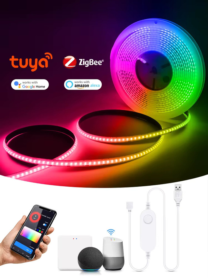 Rybakov Smart COB LED-Streifen RGB Multicolour mit ZigBee Tuya WLAN Controller, USB 5V, dimmbar, kompatibel mit Amazon Alexa, ideal für Küche, Schlafzimmer und Möbel-Akzentbeleuchtung - Bild 6