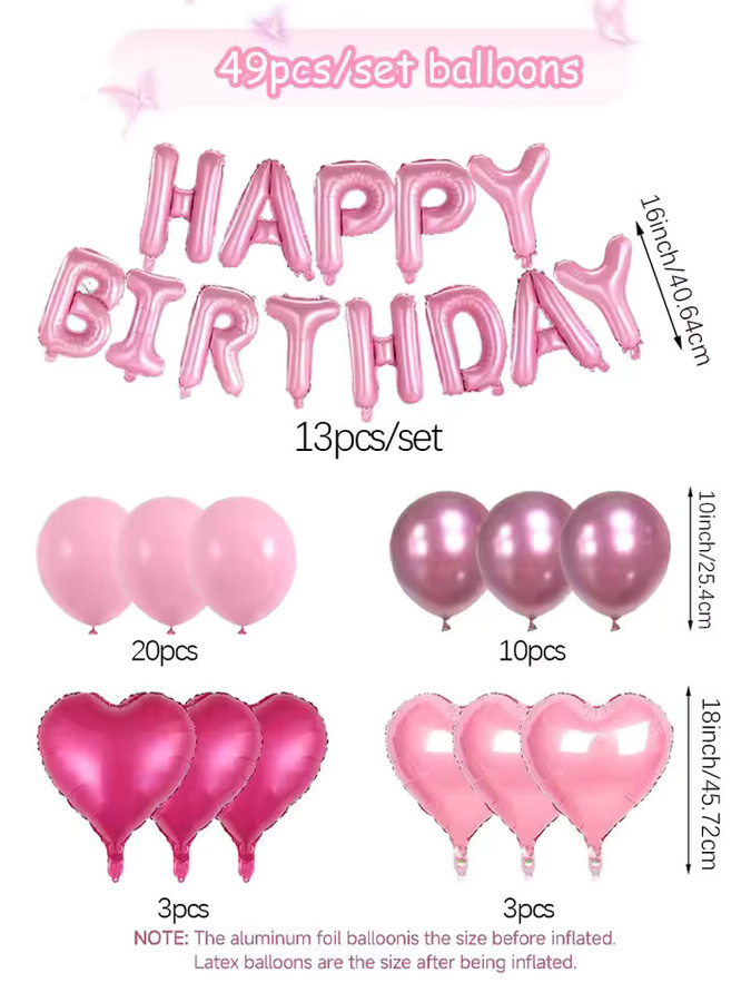 49-teiliges Set rosa Happy Birthday Aluminiumfolienballons mit Buchstaben und Herzen für deine Geburtstagsdekoration - Bild 2