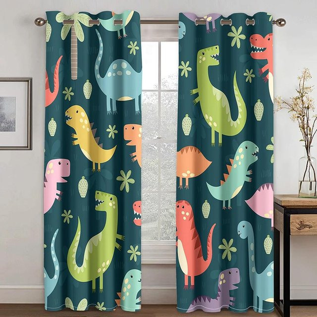 2er-Set Yiran Furniture Vorhänge mit Dinosaurier-Motiv aus Polyester, halbtransparent, B: 100 cm, H: 240 cm - Bild 1