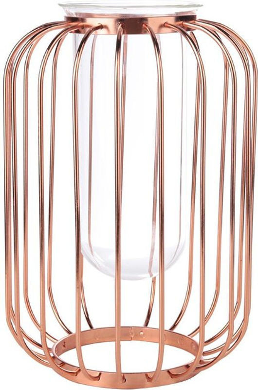 Tooarts Nordische Blumenvase in Laternenform aus Metall und Glas, Roségold/Transparent, Höhe: 21,5 cm - Bild 1