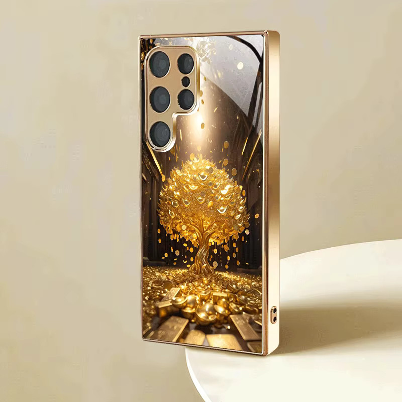 Handyhülle mit goldenem Baumbaumuster für Samsung Galaxy S26 S25 S24 S23 S22 S21 FE Ultra Plus aus galvanisierter Glas-Hartschale und TPU in Gold - Bild 3