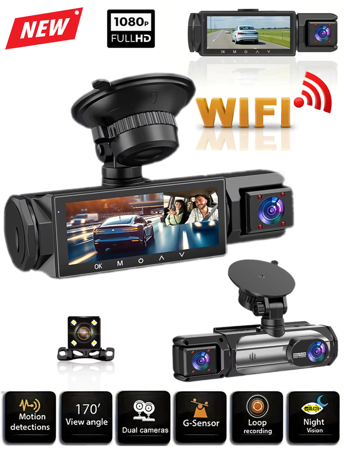 GMAIPOP 1080P Full HD WiFi Dashcam für Autos mit 2/3-Kanal-Funktion, IR-Nachtsicht und Weitwinkel, Schwarz - Bild 7
