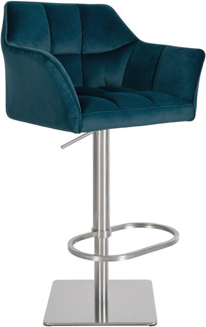 DELUKE Barhocker SIHAR aus Samt in Grün mit silbernem Fuß, höhenverstellbar, drehbar mit Lehne, B/T/H: 64 x 45 x 88 cm - Bild 1