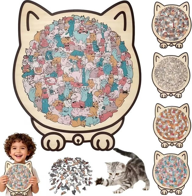 elenxs 3D-Holzpuzzle Katzenform, 135-teiliges Set - Bild 1