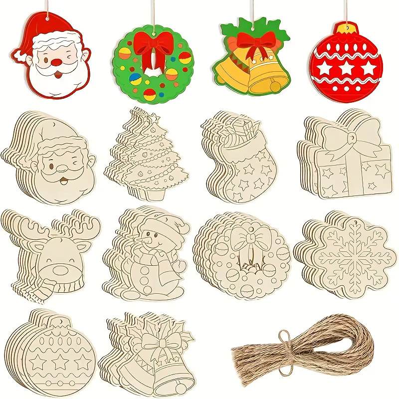 DUTRIEUX Weihnachtsschmuck aus Holz Set mit Socken, Glocken und Schneeflocken in Weiß, 80 Stück mit 20 m Juteseil für DIY Weihnachtsdekoration - Bild 5