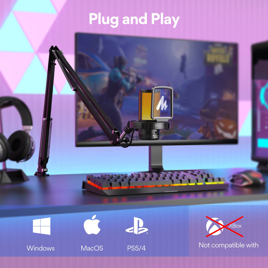 MAONO DGM20S Gaming USB-Kondensatormikrofon mit RGB-Beleuchtung und Schwenkarm in Schwarz/Multicolor für Streaming, Podcast und YouTube - Bild 4