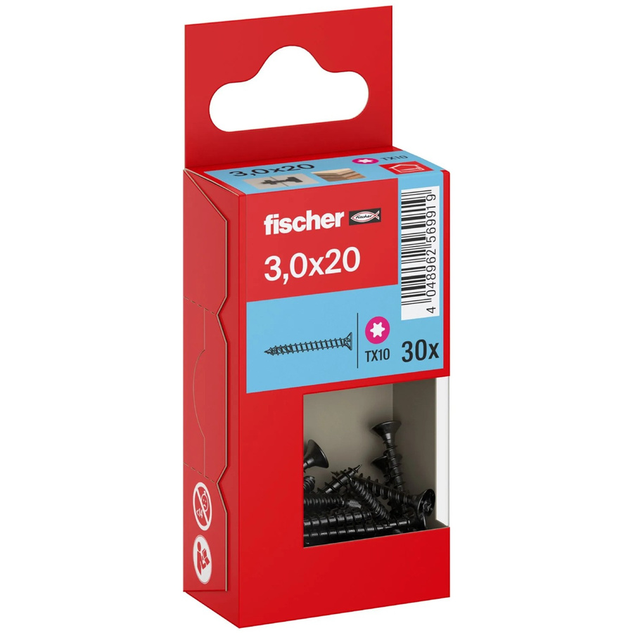 Fischer PowerFast II Senkkopf Schraube mit Torx-Antrieb und Vollgewinde, Farbe: Schwarz, Durchmesser: 3 mm, Länge: 20 mm, 30 Stück - Bild 2