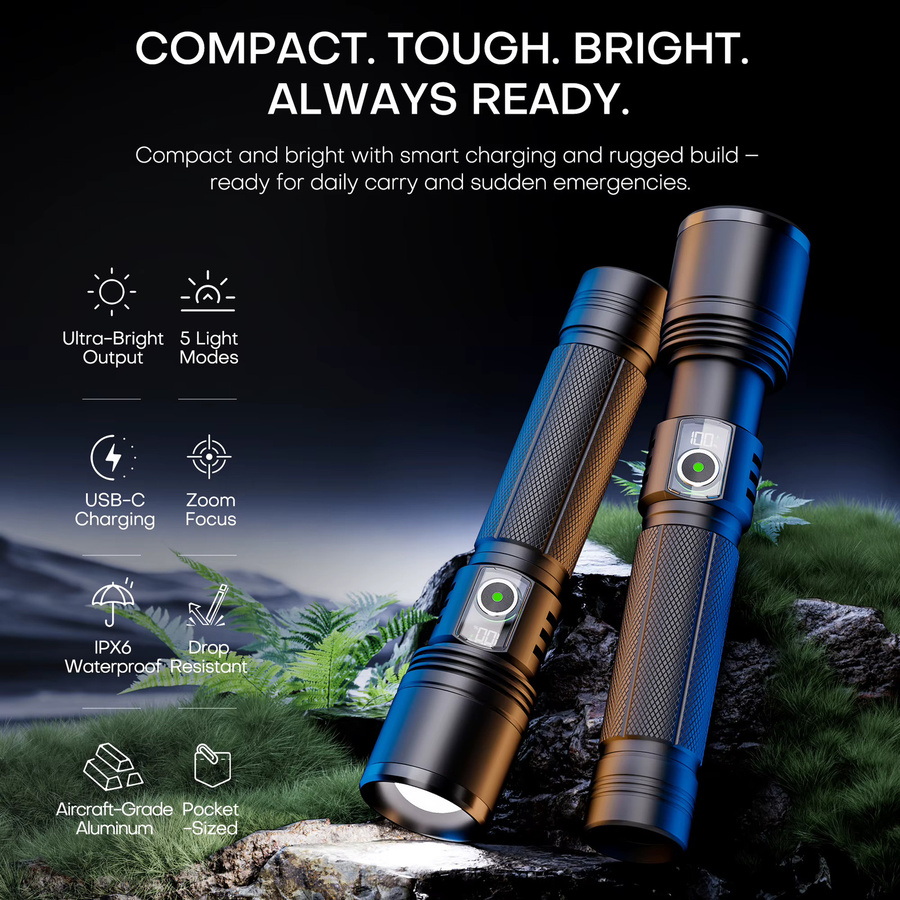 Wiederaufladbare LED-Taschenlampe aus Aluminium in Schwarz mit 2500 Lumen und 5 Modi für Camping und Wandern - Bild 2