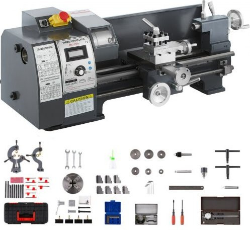 VEVOR Mini-Metallschleifmaschine 750W mit Zubehörbox, stufenlose Drehzahl 50-2500 U/min, MT3 Spindelkonus, 4-Backen-Spannfutter und 9 Schneidwerkzeugen, Grau, B/T/H: 82 x 34 x 39 cm - Bild 1